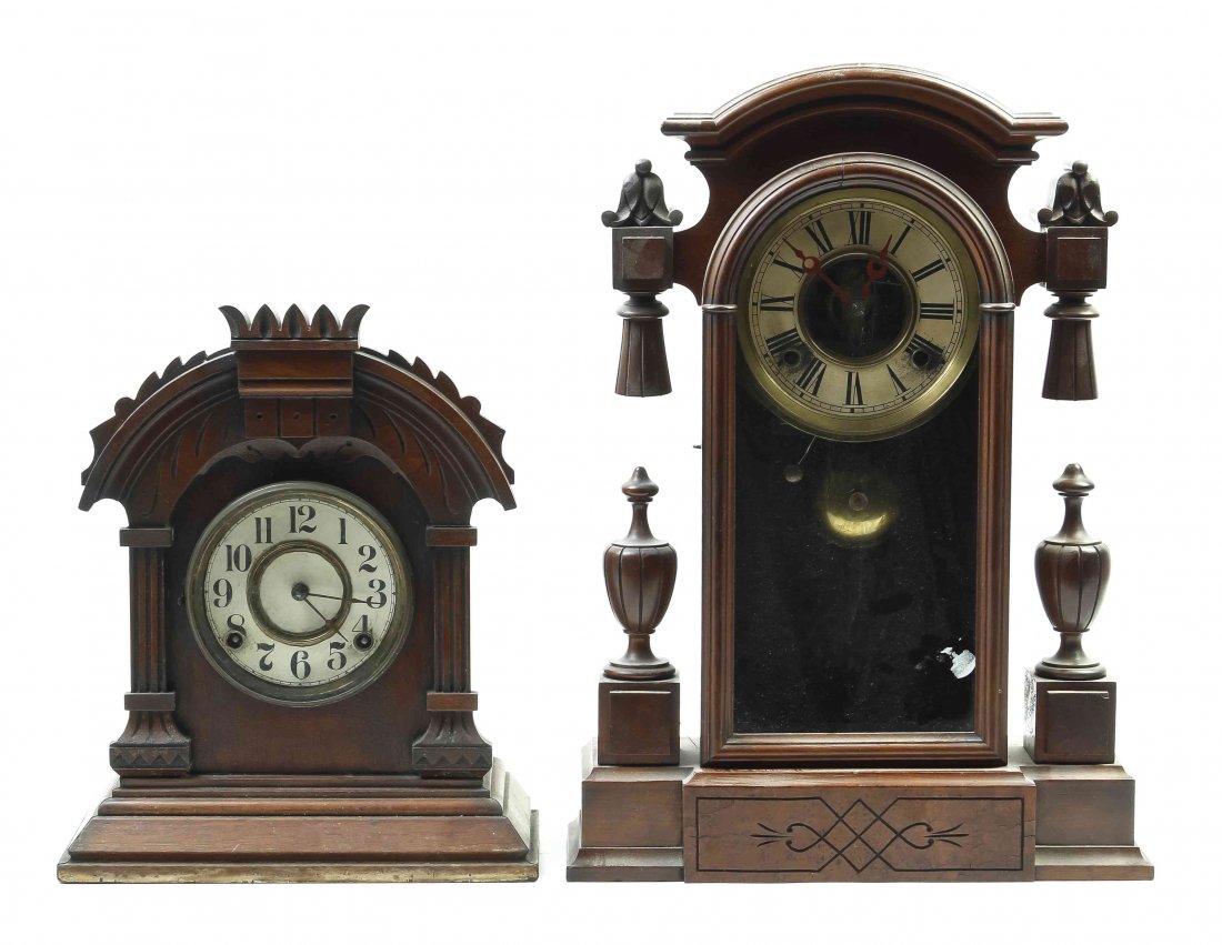 Two American Walnut Shelf Clocks, Height of tallest 19: Two American Walnut Shelf Clocks, the first New York, having a domed cornice over the circular dial with Roman hours, having time and strike movement, the second having a circular dial with Arabic hou