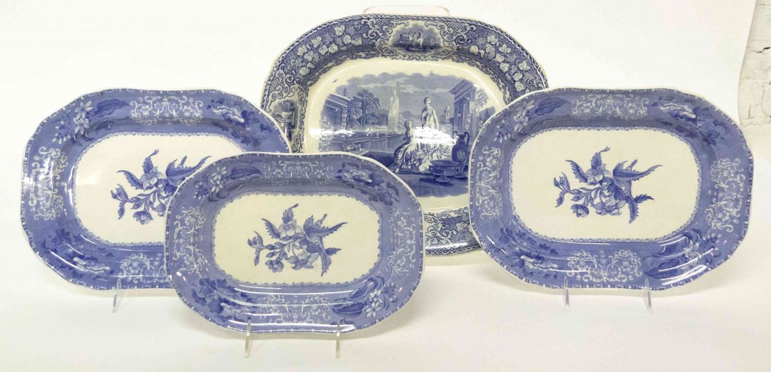 Three Spode Transfer Decorated Pottery Trays, Width of: Three Spode Transfer Decorated Pottery Trays, comprising a pair and a smaller example, each of rounded rectangular form set with a floral spray within a conforming border, together with an earlier exa