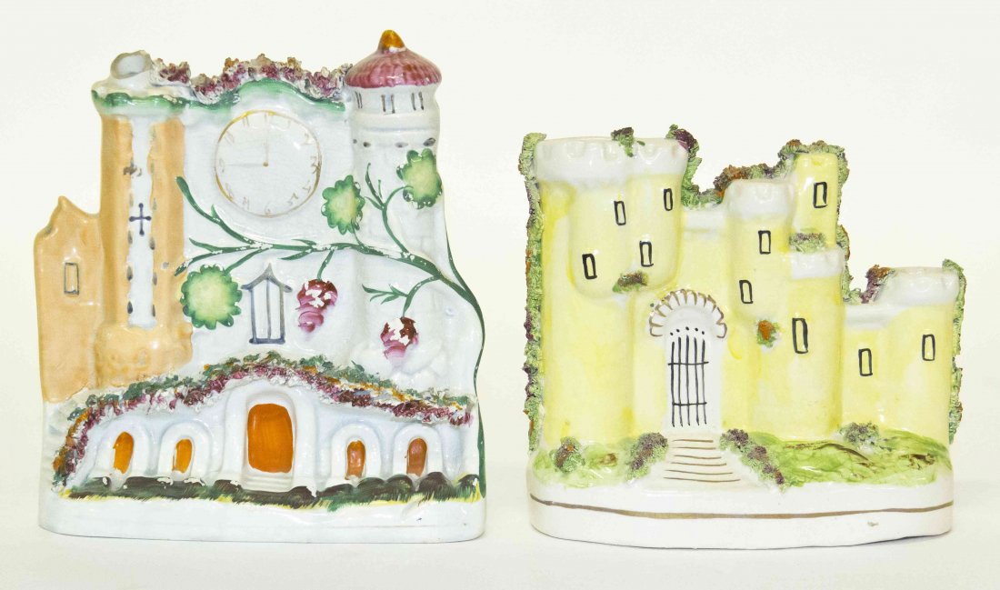 Two Staffordshire Architectural Models, Height of: Two Staffordshire Architectural Models, one a flatback model depicting a cathedral with a clock tower, the other a castle form incense burner. Height of taller 7 inches.