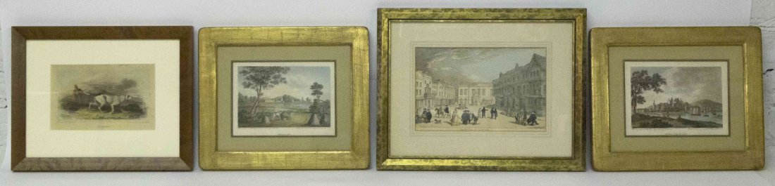 A Group of Four English Prints, Height of largest 6 1/4: A Group of Four English Prints, comprising a pair depicting Belfast and Kirkcudbright, Pointing and Cambridge, each framed. Height of largest 6 1/4 x width 9 inches.
