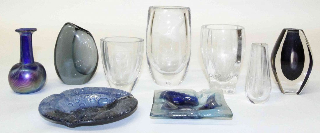 A Collection of Studio and Production Glass Articles,: A Collection of Studio and Production Glass Articles, including examples by Higgins, The Glass Eye, Orrefors and Costa; 9 items total. Height of tallest 6 inches. Property from the Estate of Benjamin