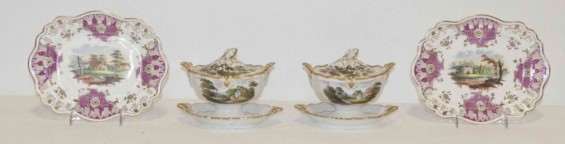 A Pair of Ridgeway Reticulated Porcelain Plates, Width: A Pair of Ridgeway Reticulated Porcelain Plates, of cartouche form, having maroon and gilt decorated borders centered with a landscape scene, together with two lidded sauces with attached undertrays. 