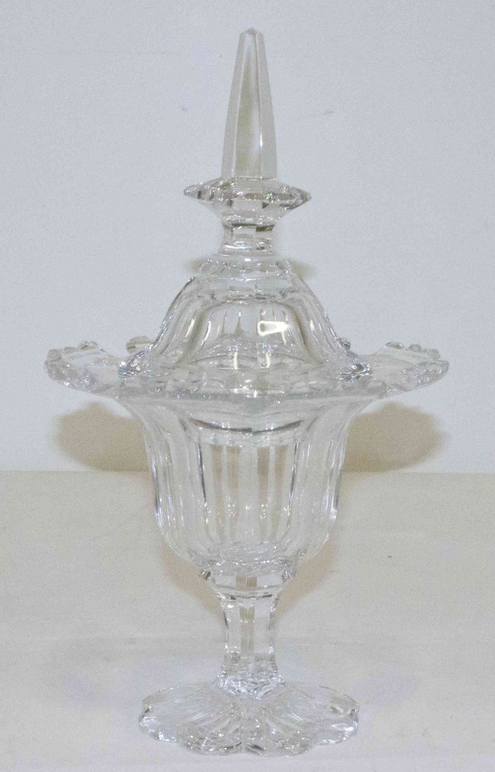 A Val Saint Lambert Covered Bowl, Height 14 inches.: A Val Saint Lambert Covered Bowl, the lid with a faceted finial over the body with a scalloped rim raised over the conforming standard and foot. Height 14 inches.