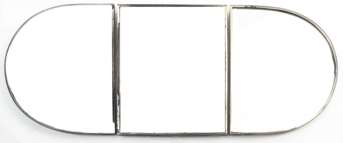 A French Silver-Plate Three-Part Mirrored Table: A French Silver-Plate Three-Part Mirrored Table Plateau, with beaded rim, raised on baluster form supports. Length 36 1/4 inches. Property from the Estate of Mary Griggs Burke, New York City, New York