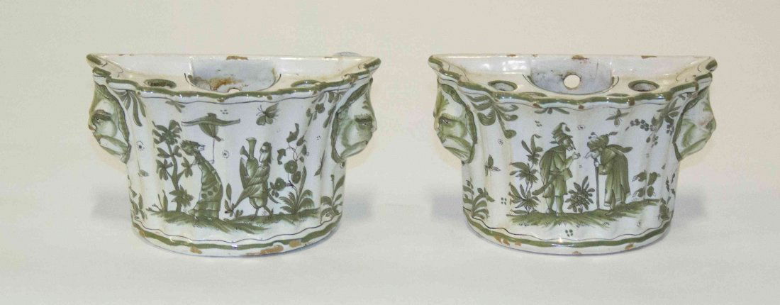 A Pair of English Ceramic Wall Pockets, Width 6 inches.: A Pair of English Ceramic Wall Pockets, each of demilune form with mask handles decorated with figures in a landscape. Width 6 inches. Property from the Estate of George B. Chapman, Chicago, Illinois