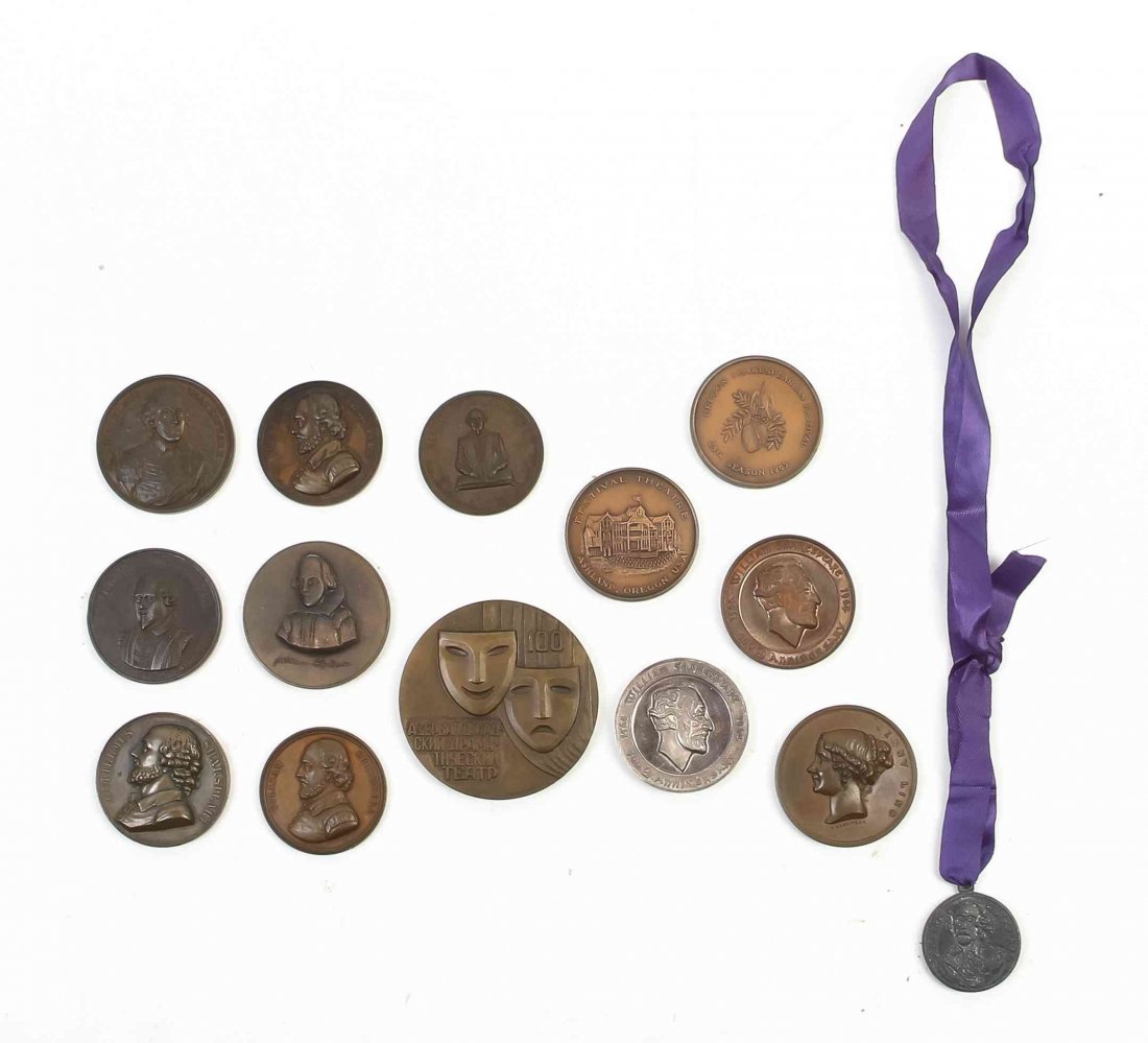 A Collection of Twelve Shakespeare Medals, Diameter of: A Collection of Twelve Shakespeare Medals, of various materials and sizes, comprising bronze, copper, silver and pewter, together with an associated theater medal and a medal depicting Jenny Lind. Dia