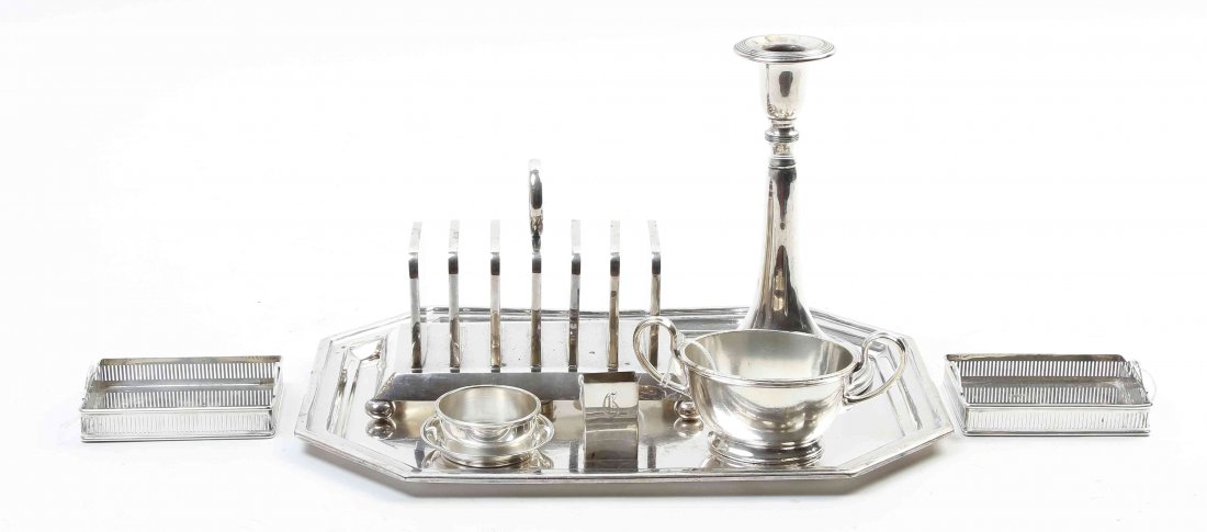 A Group of Silver and Silver-Plate Table Articles,: A Group of Silver and Silver-Plate Table Articles, comprising silver matchbox safe, small silver dish, silver-plate candlestick, silver-plate sugar bowl, pair of silver-plate small trays, silver-plate