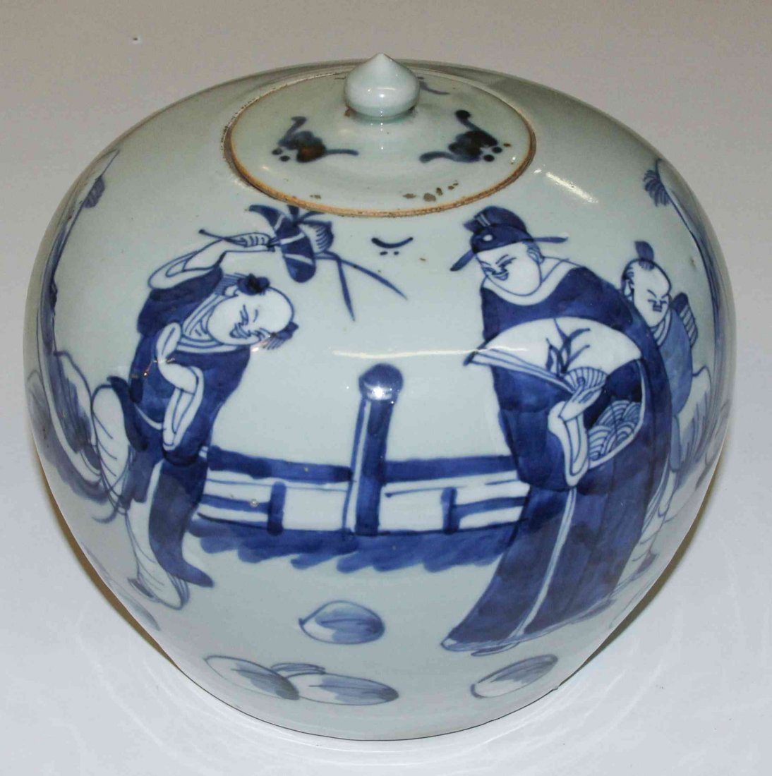 A Chinese Lidded Ginger Jar, Height 8 inches.: A Chinese Lidded Ginger Jar, having underglaze blue and white slip decoration. Height 8 inches. Property from the Estate of Marvin and Margaret Katz, Naples, Florida