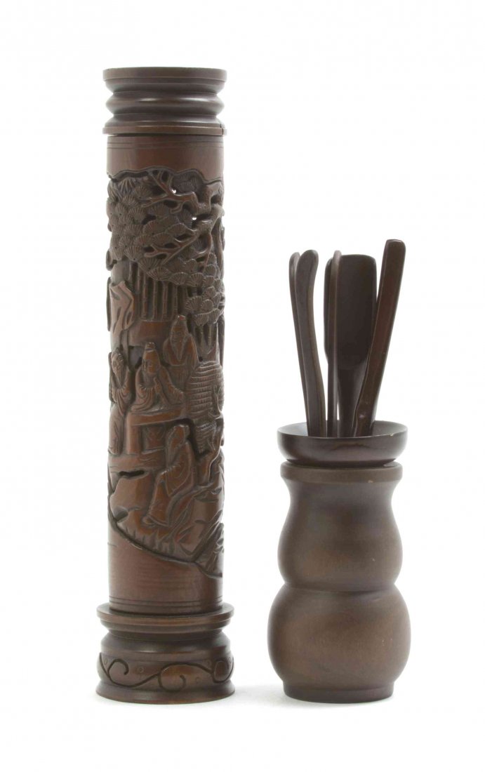 Two Chinese Carved Wood Articles, Height of tallest: Two Chinese Carved Wood Articles, comprising a tea set and an incense burner. Height of tallest overall 11 3/4 inches.