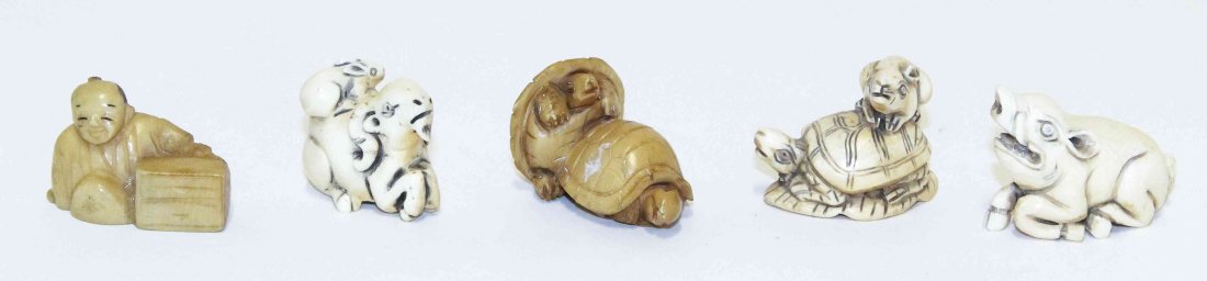 Five Japanese Ivory Netsuke, Width of widest 1 3/4: Five Japanese Ivory Netsuke, depicting various animals and figures. Width of widest 1 3/4 inches.
