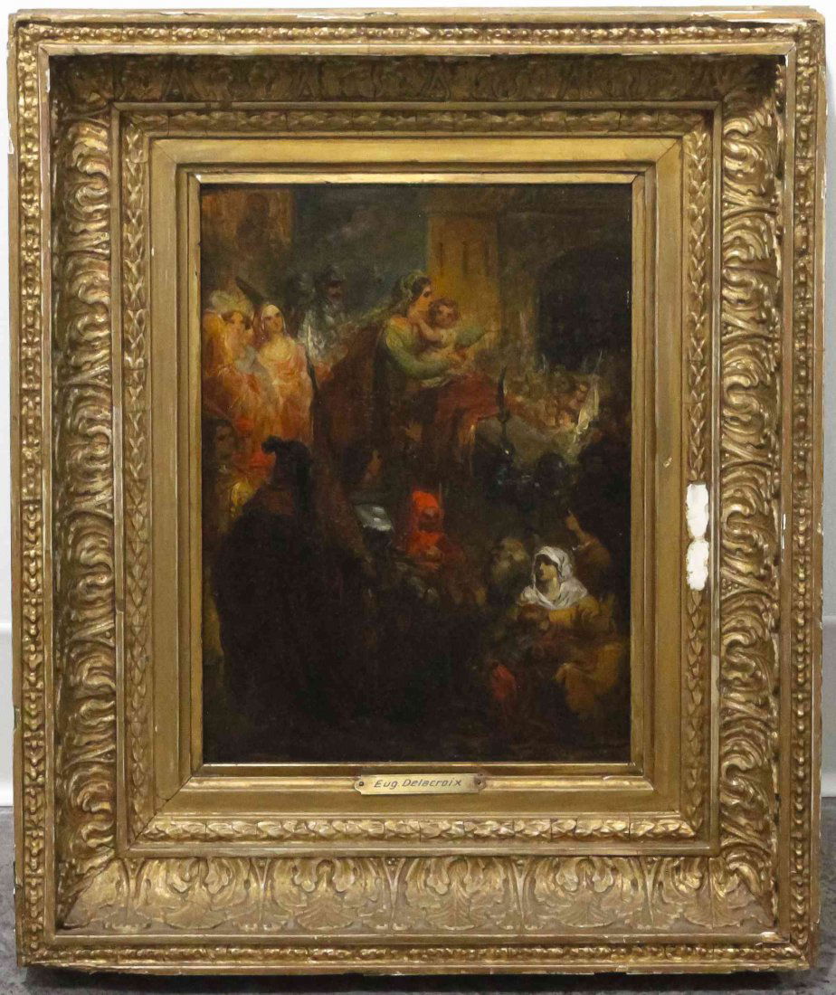 Attributed to Eugene Delacroix, (French, 1798-1863),: Attributed to Eugene Delacroix (French, 1798-1863) Adoration oil on board signed illegibly (lower right) 11 1/4 x 8 3/4 inches. Provenance: Salander-O'Reilly Galleries, New York, New York