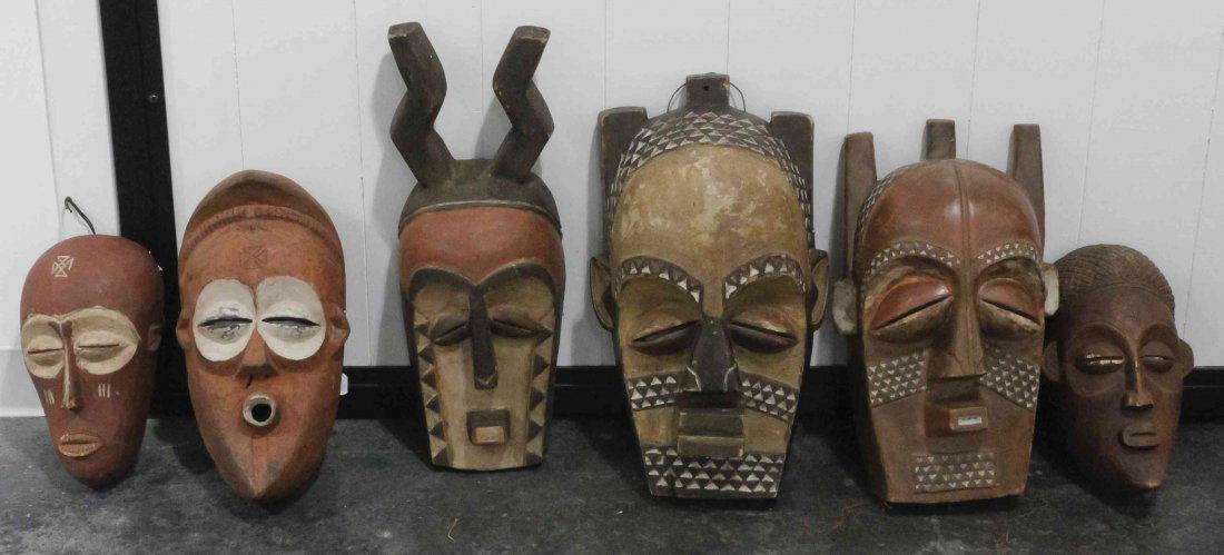 Six Carved African Masks, Height of tallest 21 1/2: Six Carved African Masks, comprising three Chowke examples and three Bena Biombo examples. Height of tallest 21 1/2 inches. Property from the Collection of Gerald F. Glaeve, Mount Horeb, Wisconsin