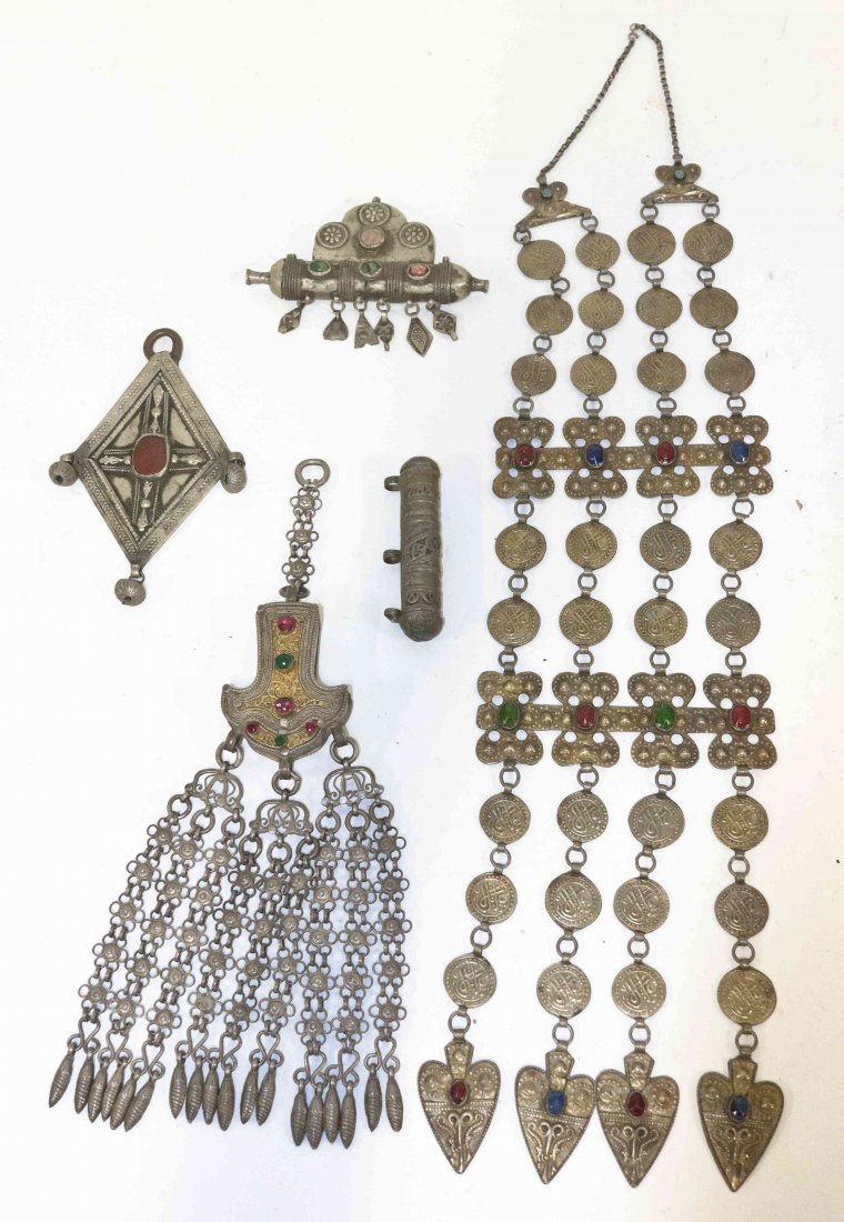 Five Silvered Metal Accessories, Length of longest 23: Five Silvered Metal Accessories, some likely Middle Eastern, comprising pendants and others. Length of longest 23 inches.