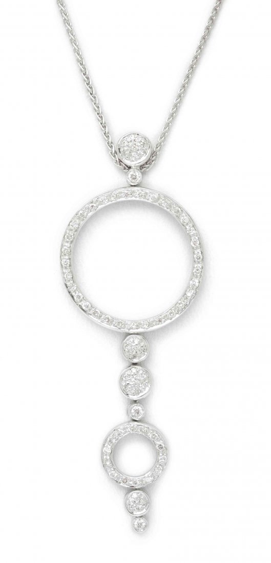 An 18 Karat White Gold and Diamond Necklace, Antonini,: An 18 Karat White Gold and Diamond Necklace, Antonini, consisting of an open circular, round cluster and bezel set link design pendant, containing numerous round brilliant cut diamonds weighing approx