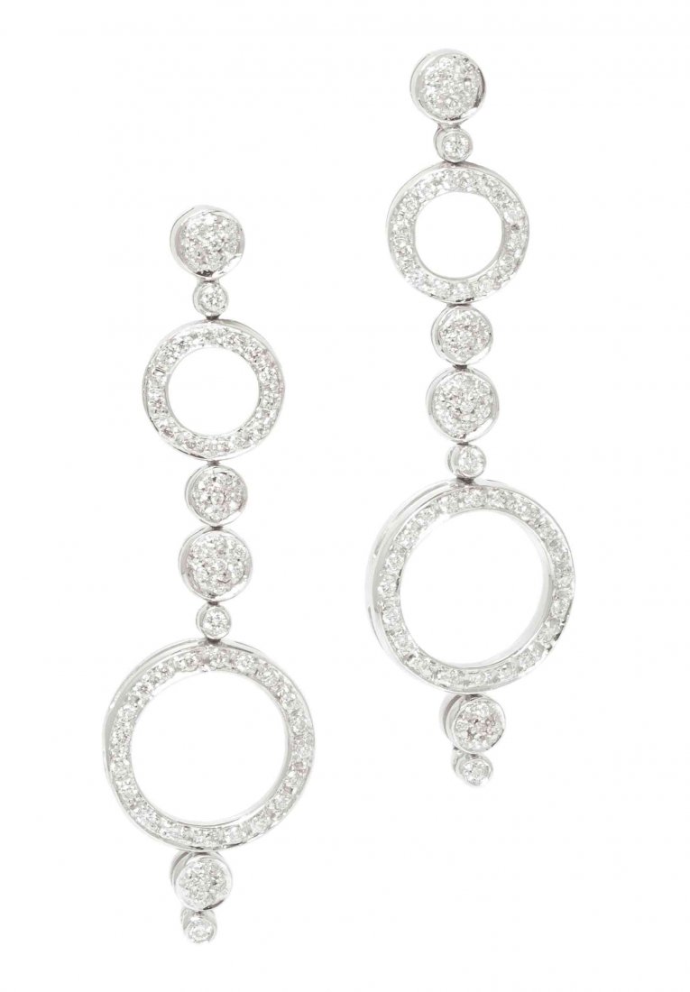 A Pair of 18 Karat White Gold and Diamond Earrings,: A Pair of 18 Karat White Gold and Diamond Earrings, Antonini, consisting of an open circular, round cluster and bezel set link design, containing numerous round brilliant cut diamonds weighing approxi