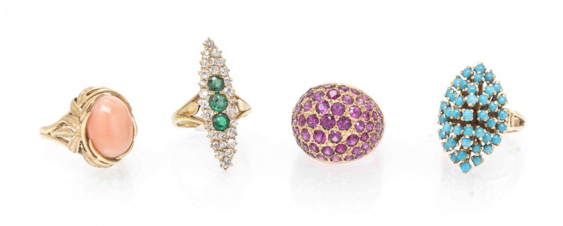 A Group of Four Rings, 16.30 dwts.: A Group of Four Rings, consisting of a 14 karat yellow gold ring containing three round mixed cut green garnet and glass doublets and 28 old mine cut diamonds, a rose gold ring containing numerous rou