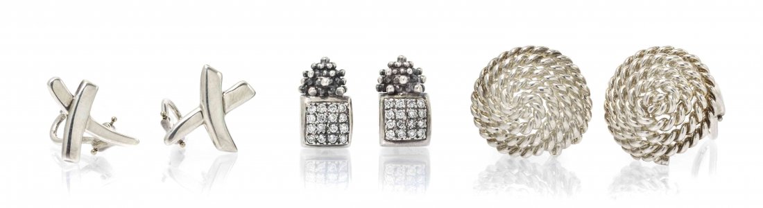 A Collection of Silver Earclips, 14.00 dwts.: A Collection of Silver Earclips, consisting of a pair of sterling silver X earclips, Paloma Picasso for Tiffany & Co., a pair of sterling silver twisted rope dome earclips, Tiffany & Co., and a pair o