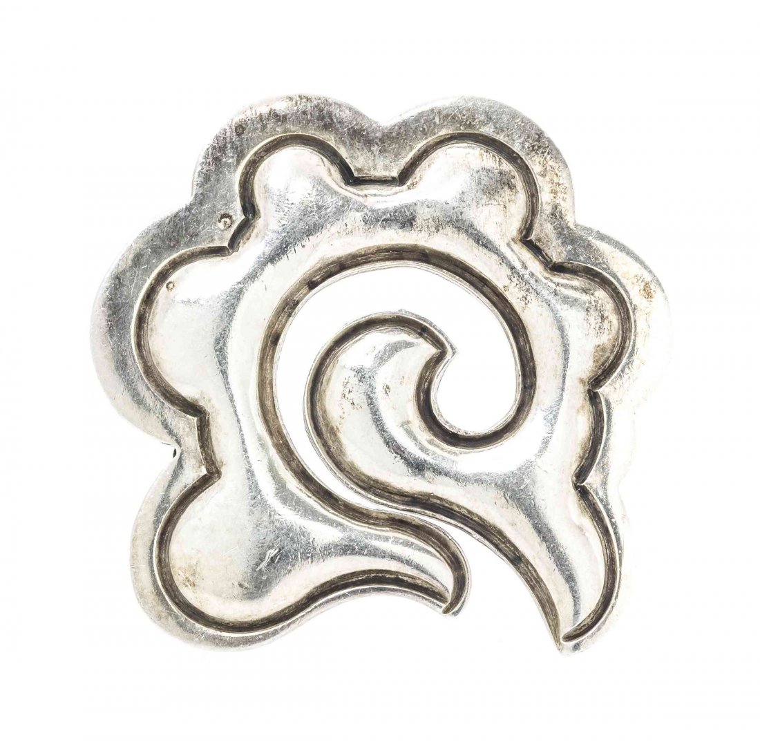 A Sterling Silver Pendant/Brooch, Taxco, Ana Maria: A Sterling Silver Pendant/Brooch, Taxco, Ana Maria Nunez de Brilanti, in a spiraled freeform design. Stamp: STERLING VICTORIA MEXICO TAXCO (12 within an eagle maker's mark). 9.40 dwts.