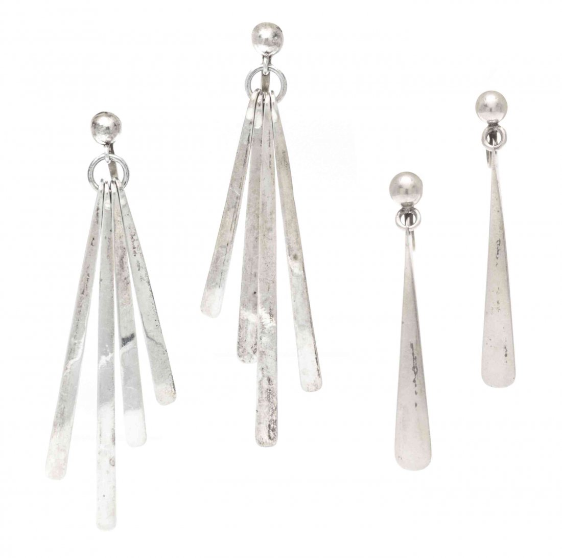 A Collection of Sterling Silver Dangle Earrings, Taxco,: A Collection of Sterling Silver Dangle Earrings, Taxco, consisting of two pairs of screwback earrings with suspended dangle pendants. Stamp: Mexico Sterling. 10.00 dwts.