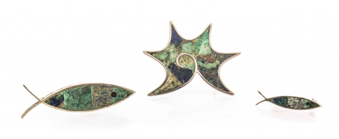A Silver and Azurmalachite Mosaic Brooch, Los Castillo,: A Silver and Azurmalachite Mosaic Brooch, Los Castillo, Taxco, in a freeform design, together with two silver and azurmalachite mosaic fish motif pins. Freeform brooch stamp: Los Castillo Taxco Mosaic
