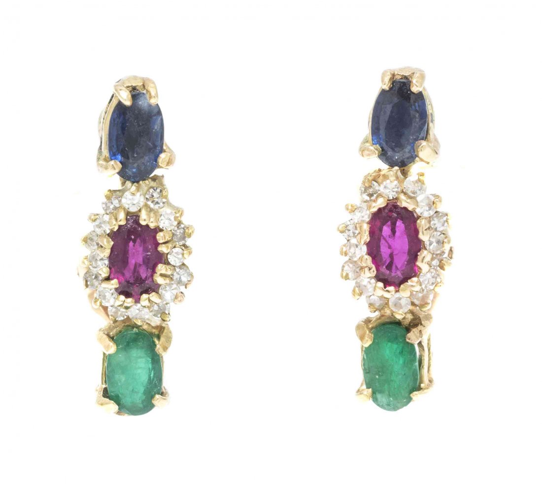 A Pair of 14 Karat Yellow Gold, Ruby, Sapphire, Emerald: A Pair of 14 Karat Yellow Gold, Ruby, Sapphire, Emerald and Diamond Earclips, containing two oval mixed cut rubies, two oval mixed cut sapphires, two oval mixed cut emeralds and 32 round single cut di