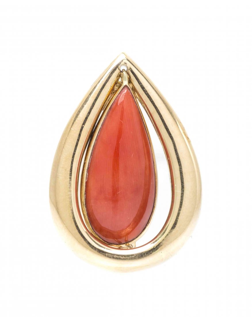 A 14 Karat Yellow Gold and Coral Enhancer Pendant, 8.10: A 14 Karat Yellow Gold and Coral Enhancer Pendant, containing one pear shape cabochon cut orange coral measuring approximately 25.06 x 11.32 x 5.55 mm in a bezel setting hinged within a domed surround