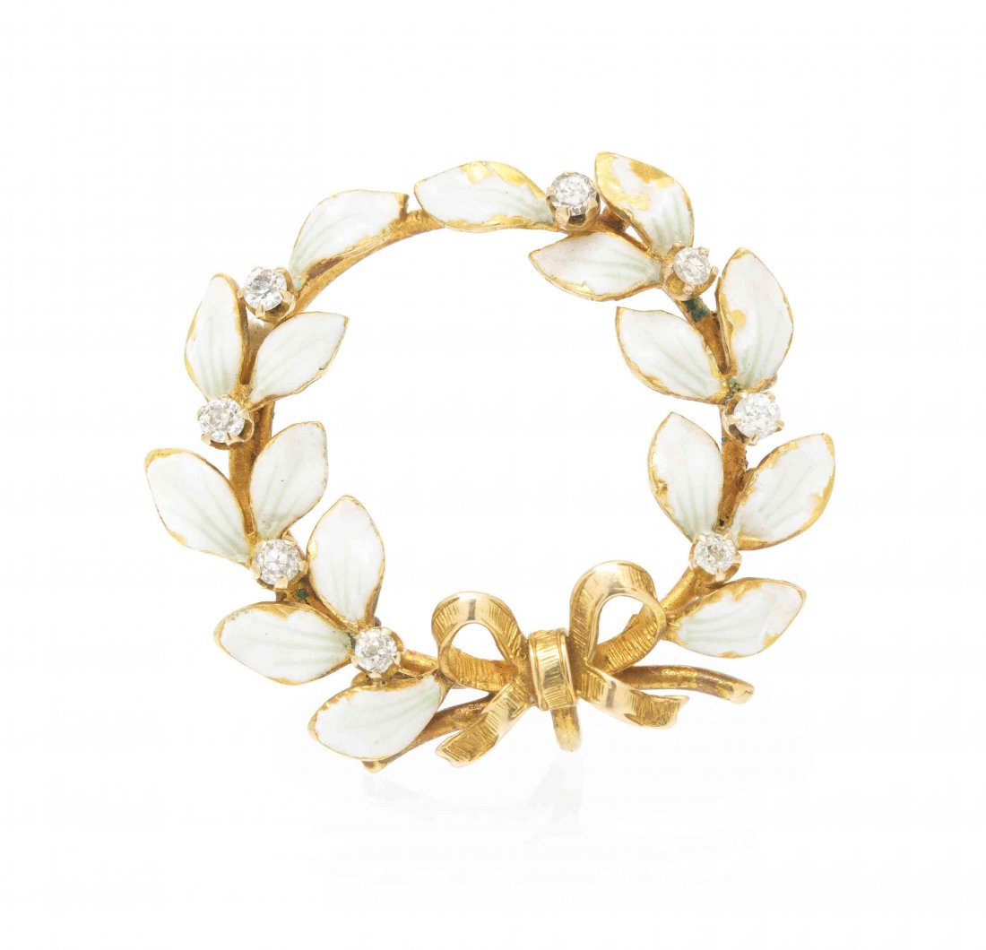 An Antique Yellow Gold, Diamond and Enamel Pin, 3.40: An Antique Yellow Gold, Diamond and Enamel Pin, in a garland motif accented with opaque white enamel and containing eight old European cut diamonds weighing approximately 0.18 carat total. 3.40 dwts.