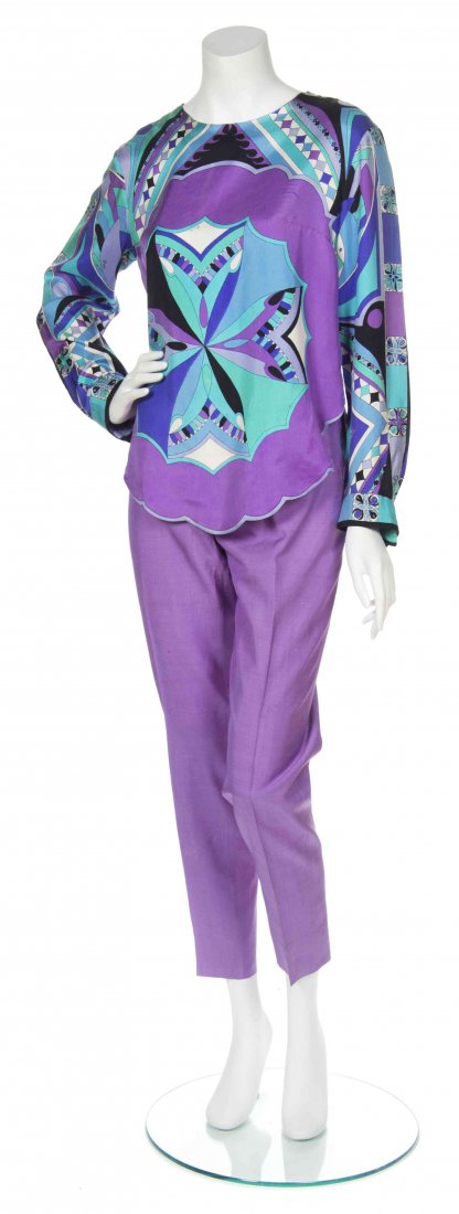 An Emilio Pucci Geometric Silk Print Pant Ensemble,: An Emilio Pucci Geometric Silk Print Pant Ensemble, circa 1965, comprised of a silk print top with scoop neck, long sleeves and scallop hem together with a slubbed silk tapered ankle pant. Labeled: Em