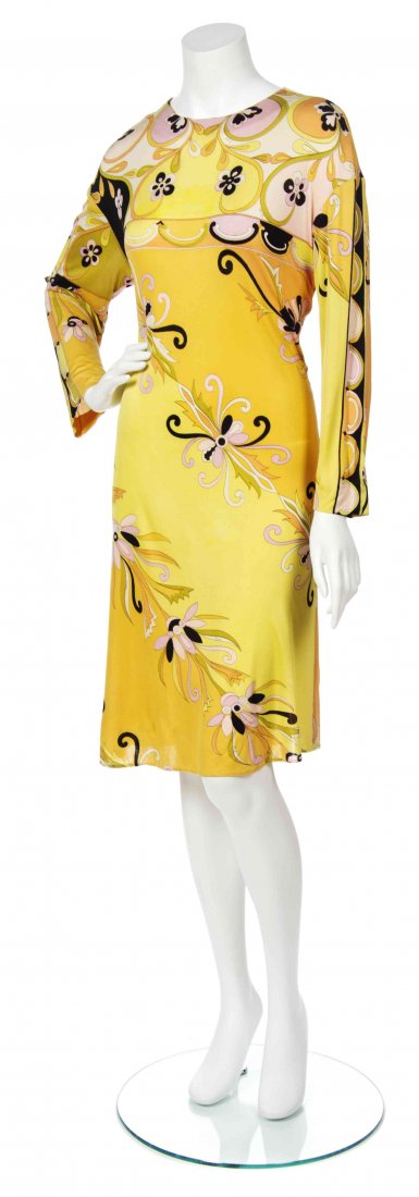 An Emilio Pucci Multicolor Print Dress,: An Emilio Pucci Multicolor Print Dress, circa 1970, long sleeves with a jewel neckline. Labeled within print: Emilio.
