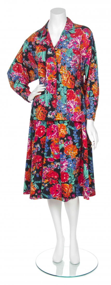 A Group of Yves Saint Laurent Cotton Ensembles,: A Group of Yves Saint Laurent Cotton Ensembles, circa 1980, comprised of a cotton floral print long sleeve top and skirt, a cotton khaki skirt, a cotton floral print skirt, together with a Givenchy wh
