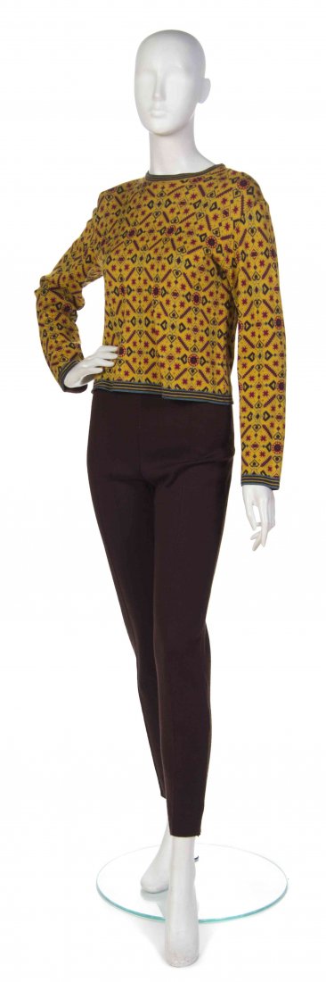 A Yves Saint Laurent Yellow and Brown Pant Ensemble,: A Yves Saint Laurent Yellow and Brown Pant Ensemble, (Algerian/French, 1936-2008) comprised of a yellow print long sleeve top, jacket and scarf, together with a brown pair of pants. Labeled: Yves Sain