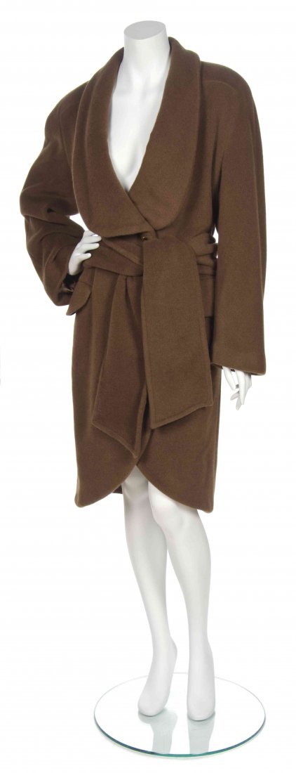 A Mila Schon Brown Angora Wool Coat,: A Mila Schon Brown Angora Wool Coat, cocoon fit with a shawl collar and matching sash scarf. Labeled: Mila Schon. Property from the Estate of Eunice Johnson, Chicago, Illinois