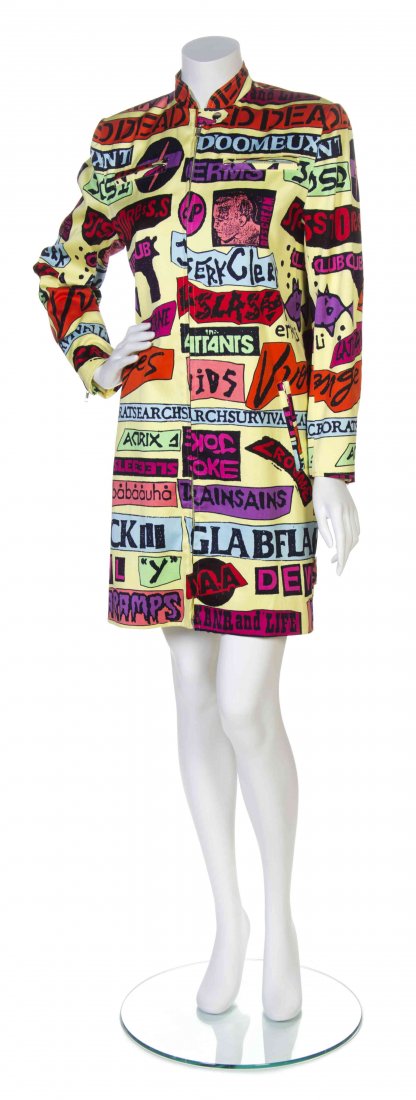A Stephen Sprouse Rock Band Stickers Coat, Size S.: A Stephen Sprouse Rock Band Stickers Coat, stand collar, zipper front and four zipper pockets to the front. Labeled: Stephen Sprouse. Size S. Property from the Collection of Maija Anderson