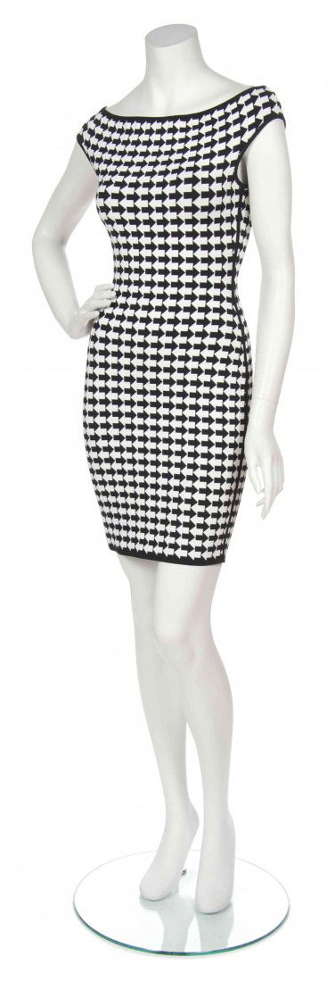 An Herve Leger Black and White Arrow Print Dress, Size: An Herve Leger Black and White Arrow Print Dress, circa 1990, cap sleeves with a wide neckline and black piping. Labeled: Herve Leger. Size 2.