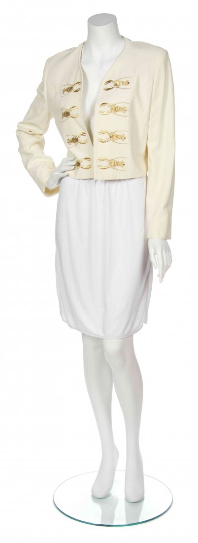 A Moschino Couture! 'Lobster' Cream Jacket, Size M.: A Moschino Couture! 'Lobster' Cream Jacket, cropped with eight gold embroidered lobsters to the front. Labeled: Moschino Couture! / Cruise Me Baby. Size M.