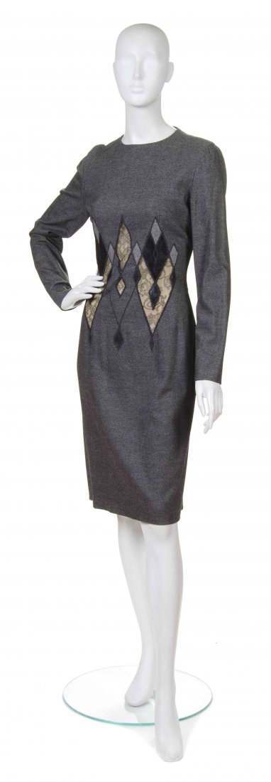 A Givenchy Gray Wool Dress Ensemble, Size 40.: A Givenchy Gray Wool Dress Ensemble, (French) comprised of long sleeve dress with, together with a fur shawl collar jacket. Labeled: Givenchy Couture. gray wool with lace and snakeskin, fox fur trim s