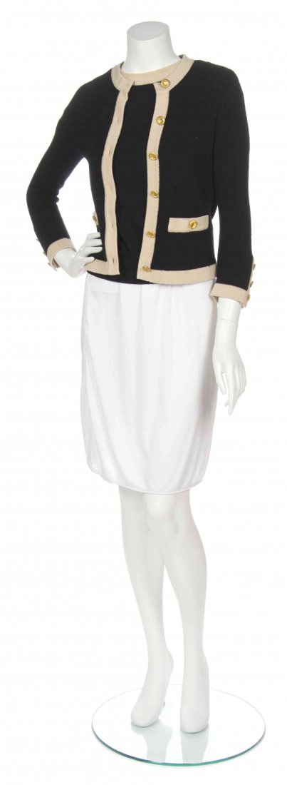 A Group of Chanel Sweaters,: A Group of Chanel Sweaters, comprised of a yellow cashmere wrap sweater size small, a blue cashmere wrap sweater size small, and a black wool with tan trim goldtone interlocking 'C' logo button down c