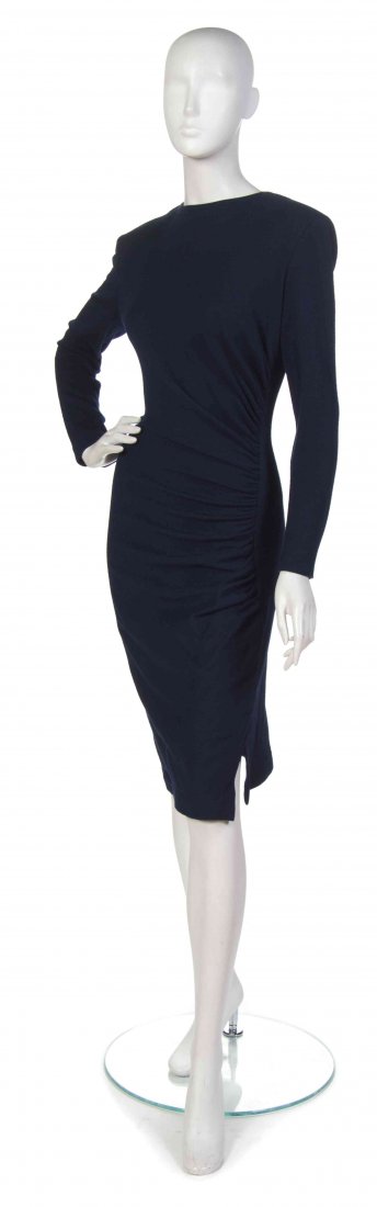 A Mario Borsato Navy Cocktail Ensemble, Size 44.: A Mario Borsato Navy Cocktail Ensemble, (Italian) comprised of a long sleeve side ruched dress together with fur trim wrap. Labeled: Mario Borsato. navy wool with fur trim size 44. Size 44. Property f