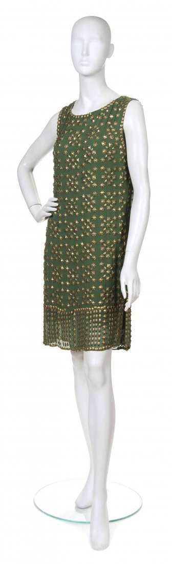 A Michel Klein Moss Green Cocktail Dress Size 38.: A Michel Klein Moss Green Cocktail Dress (French) green chiffon with gold metal beading no size. Size 38. Property from the Ebony Fashion Fair Collection, Chicago, Illinois