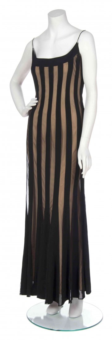 A Richard Tyler Black Silk Net Stripe Gown,: A Richard Tyler Black Silk Net Stripe Gown, spaghetti straps with nude lining and soft trumpet hem. Labeled: Richard Tyler.