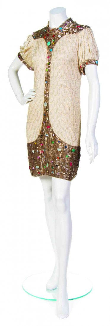 A Missoni Ivory and Gold Cocktail Dress,: A Missoni Ivory and Gold Cocktail Dress, (Italian) Spring / Summer 2008, short bubble sleeves with a gold sequins and multicolor cabochons to the shoulders, center front and hem. Labeled: Missoni. met