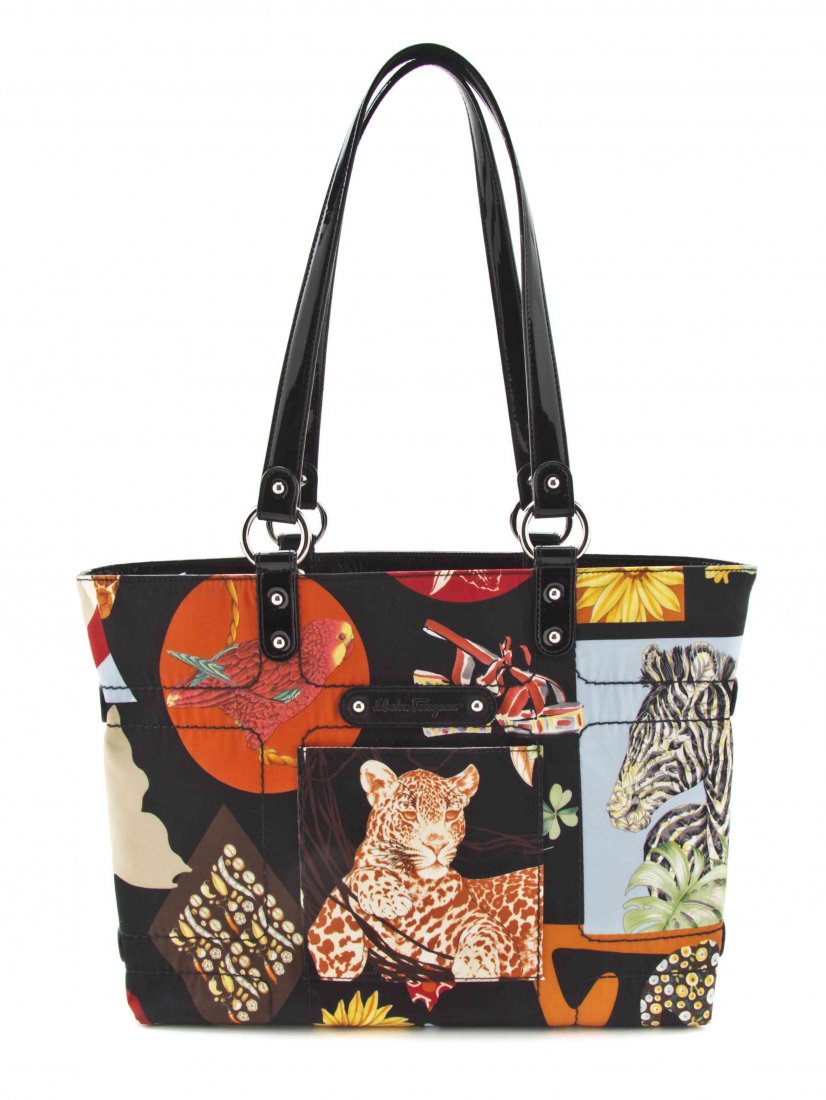 A Salvatore Ferragamo Print Tote Bag, 12 x 10 x 3 1/2: A Salvatore Ferragamo Print Tote Bag, two black patent leather shoulder straps, exterior slip pocket, with patent leather interior. Stamped: Salvatore Ferragamo. 12 x 10 x 3 1/2 inches. Property from