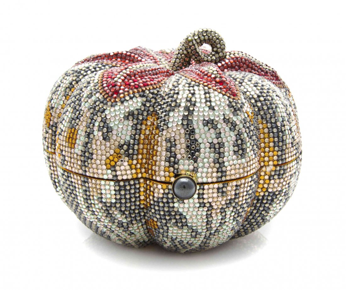 A Judith Leiber Multicolor Crystal Pumpkin Minaudiere,: A Judith Leiber Multicolor Crystal Pumpkin Minaudiere, hidden gold chain shoulder strap, gold kid leather lining and all accessories. Stamped: Judith Leiber. Diameter 4 1/2 inches. Property of a Lady,