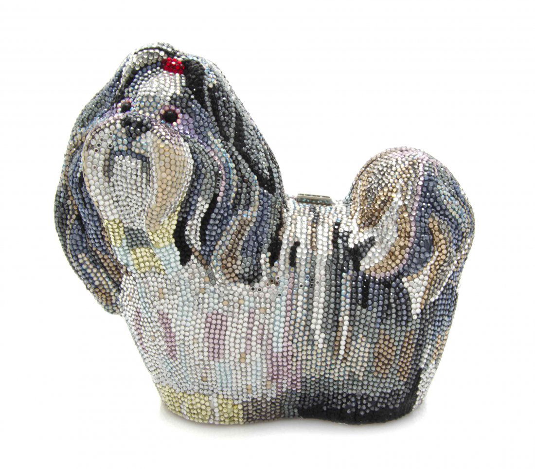 A Judith Leiber Multicolor Crystal Shih Tzu Minaudiere,: A Judith Leiber Multicolor Crystal Shih Tzu Minaudiere, hidden silver chain shoulder strap, silver kid leather lining and all accessories. Stamped: Judith Leiber. 5 1/2 x 5 1/2 x 2 inches. Property of