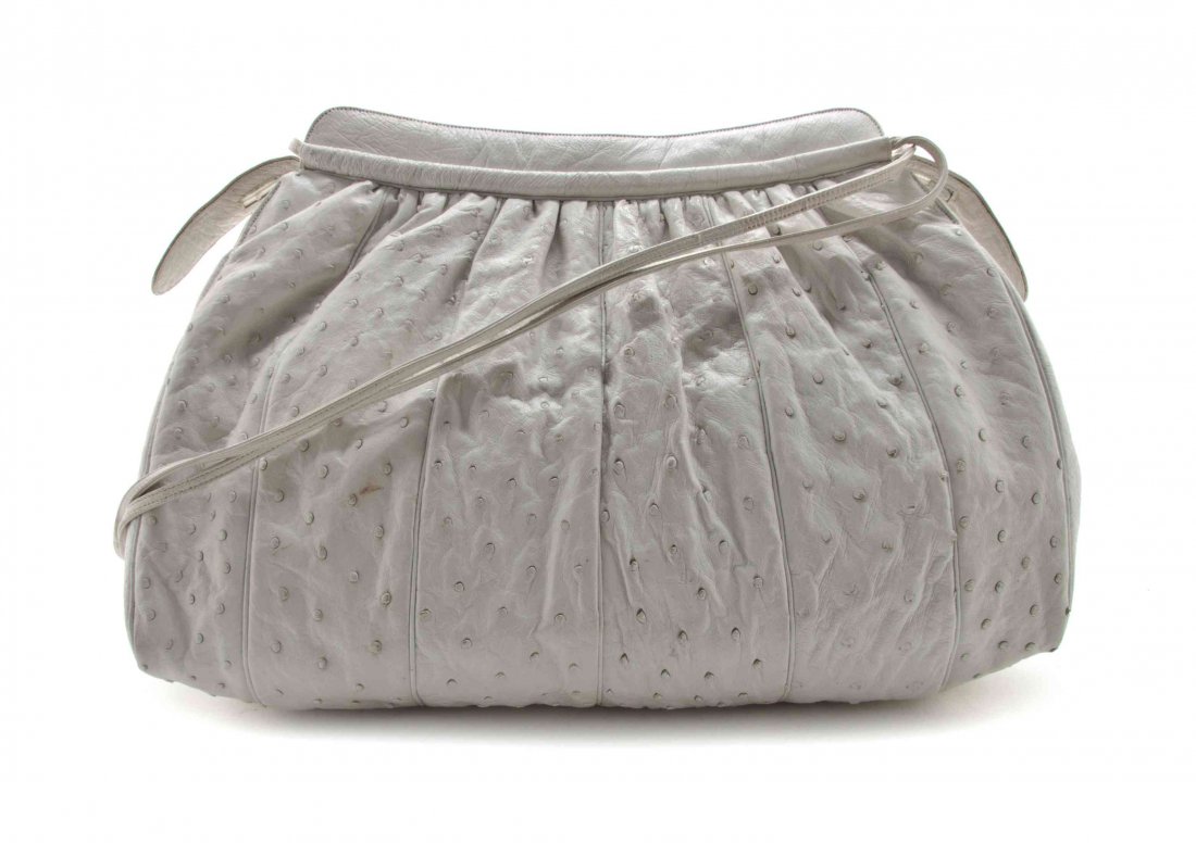 A Judith Leiber White Ostrich Bag, 13 x 10 1/2 x 5: A Judith Leiber White Ostrich Bag, two leather shoulder straps with a zip top closure. Stamped: Judith Leiber. 13 x 10 1/2 x 5 inches. Property from a Distinguished Private Collector