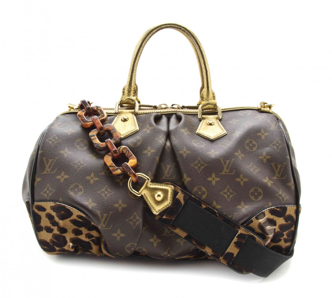 A Louis Vuitton Limited Edition Monogram Leopard: A Louis Vuitton Limited Edition Monogram Leopard Stephen Bag, 2006, with gold metallic snake trim, 'Stephen Sprouse' panther print sheared calf corners, black patent leather piping and a detachable th