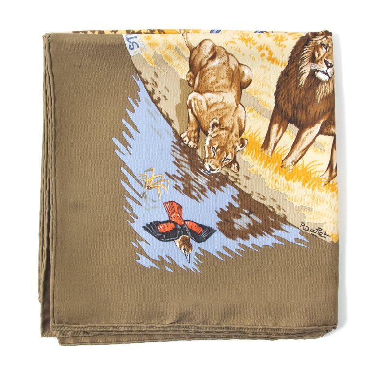 An Hermes Silk Scarf, 35 x 35 inches.: An Hermes Silk Scarf, in a 'Kenya' motif. Labeled within print: Hermes. 35 x 35 inches. Property from the Estate of Louis M. and Linda M. Byron, Tucson, Arizona