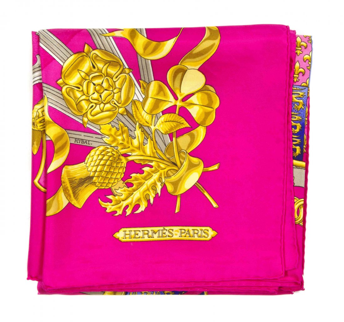 An Hermes Silk Scarf, 35 x 35 inches.: An Hermes Silk Scarf, in a 'British Heraldry' motif. Labeled within print: Hermes. 35 x 35 inches. Property from the Estate of Louis M. and Linda M. Byron, Tucson, Arizona