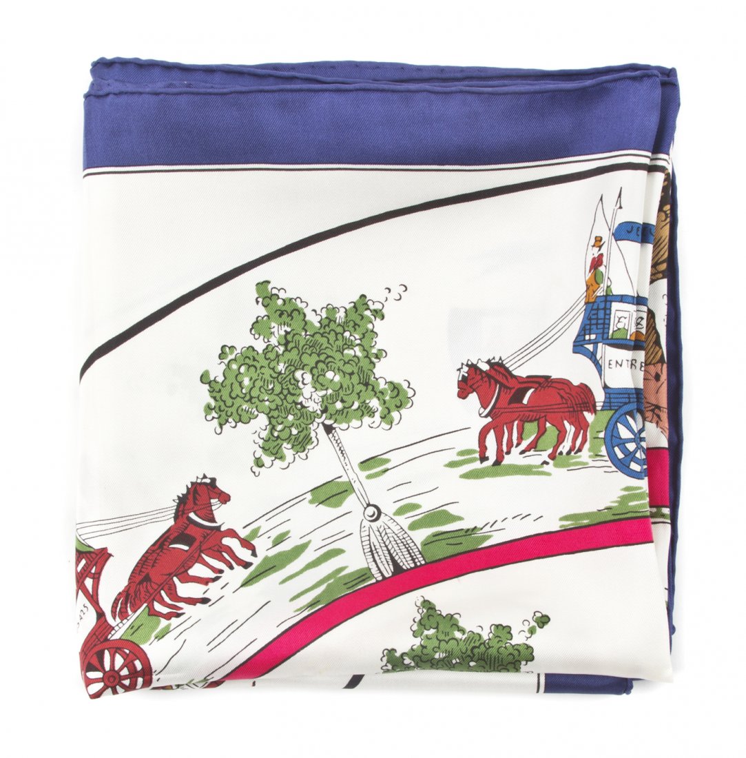 An Hermes Silk Scarf, 35 x 35 inches.: An Hermes Silk Scarf, in a 'Jeu Des Omnibus Et Dames Blanche' motif. Labeled within print: Hermes. 35 x 35 inches. Property from the Estate of Louis M. and Linda M. Byron, Tucson, Arizona