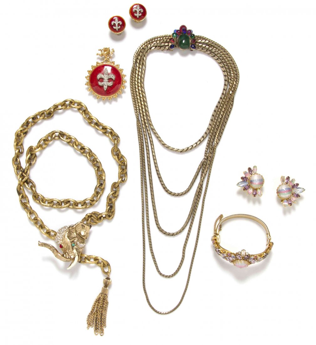 A Group of Hattie Carnegie Costume Jewelry,: A Group of Hattie Carnegie Costume Jewelry, comprised of two necklaces, a bracelet and earclip set and a rhinestone fleur-de-lis earclip and brooch set. All stamped: Hattie Carnegie.
